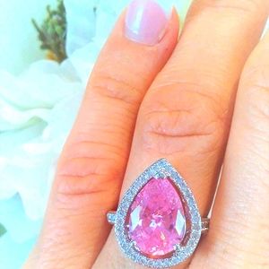 Silver + Simulated Diamonds Pink Tourmaline Cocktail Ring Sz 7
